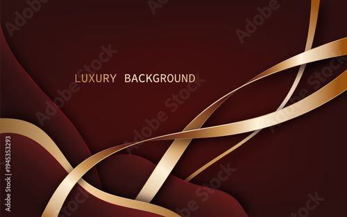 Elegant luxury abstract background on red layered shapes with smooth flowing curves and metallic gold ribbon lines. Vector Illustration
