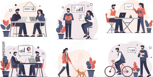 Diverse individuals collaborating, presenting data, walking dogs, and cycling