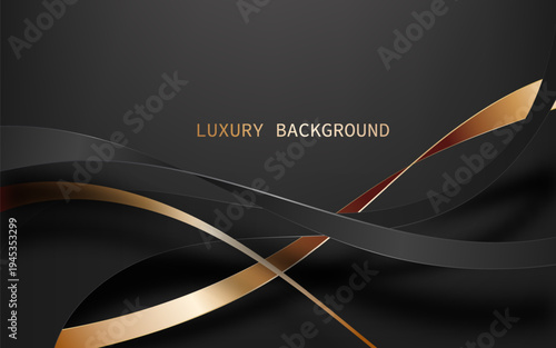 Modern luxury abstract background with dark black and charcoal gray layered waves, combined with elegant metallic gold ribbon accents. Vector Illustration