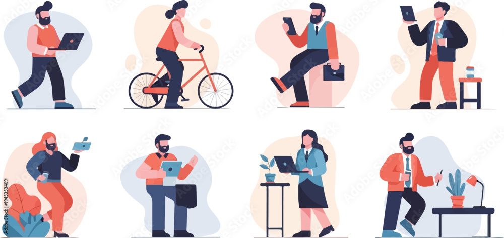 Obraz premium Diverse professionals engage in work and leisure activities using technology