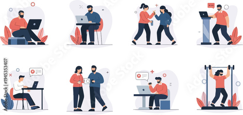 Diverse people engaged in various work, communication, and fitness activities