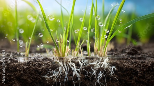 Close-Up Visualization of Soil Profile with Growing Rice Plants and Roots