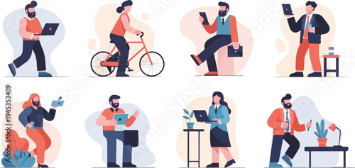 Diverse professionals engage in work and leisure activities using technology