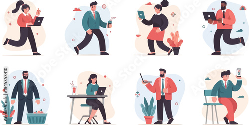 Diverse people working and interacting with technology in stylized flat art