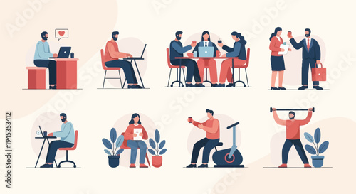 Diverse individuals engaged in work, exercise, and social interactions