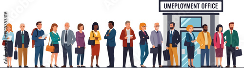 Diverse people in business attire wait in line outside an unemployment office