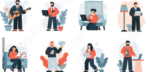 Diverse individuals engaged in various activities in stylized settings