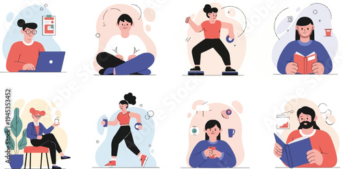 Diverse people engaged in various leisure, work, and fitness activities