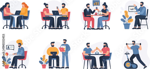 Diverse people collaborate, learn, and exercise in a modern setting