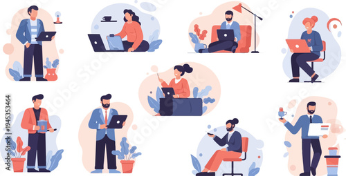 Diverse individuals engaged in remote work and digital tasks at home and office