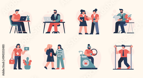 Diverse professionals engage in work, meetings, and fitness