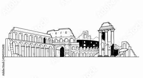 Ancient Roman architectural ruins with arches and columns on a white background