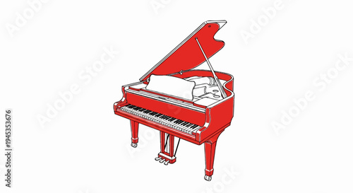 A vibrant red grand piano with an open lid rests on a white background