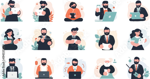 Diverse professionals engaged in various work activities with digital devices