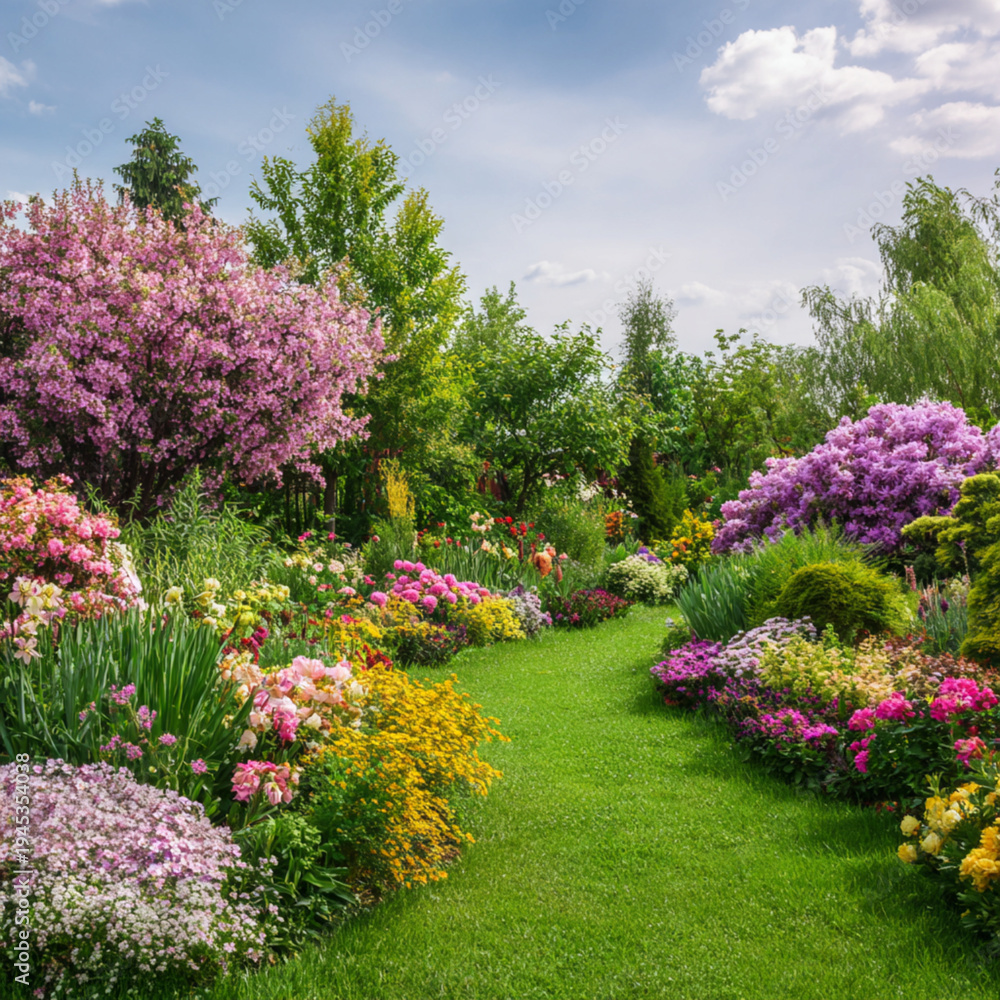 Obraz premium Beautiful Lush Flower Garden with Grassy Path