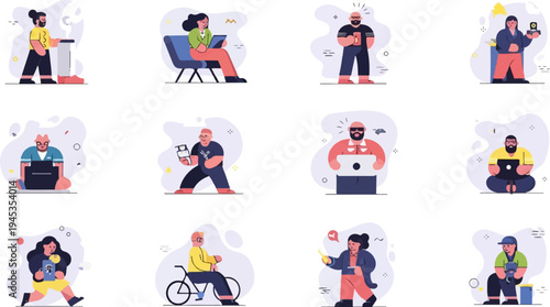 Diverse people engaged in various activities, using technology and tools