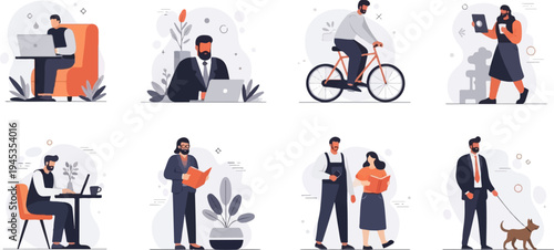Diverse scenes of individuals engaged in various everyday activities, from work to leisure