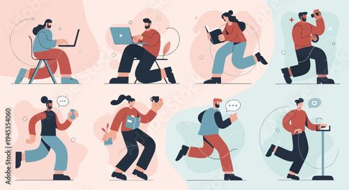 Diverse individuals engage in work, fitness, and leisure activities in a stylized setting