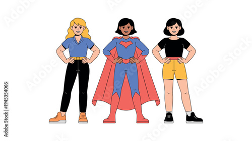 Three confident young women standing together, one dressed as a superhero.