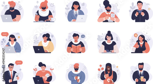 Diverse professionals engage in work and leisure activities, showcasing collaboration and technology