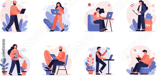 Diverse individuals engaged in laptop and tablet activities, with plants