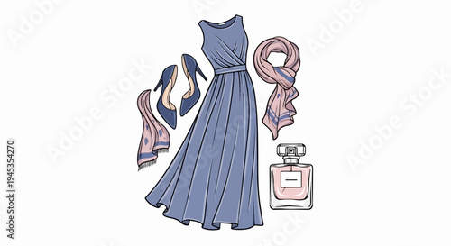 Elegant blue dress, heels, scarves, and perfume bottle