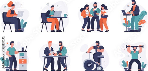 Eight diverse scenes of people working, exercising, and socializing