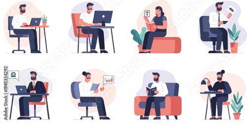 Diverse individuals engaged in focused work and reading, illustrating modern professional and personal activities