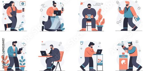 Diverse individuals engaged in various activities, including technology use and home chores