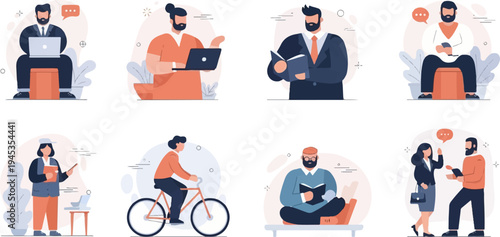 Diverse group of people engaged in various daily activities and work