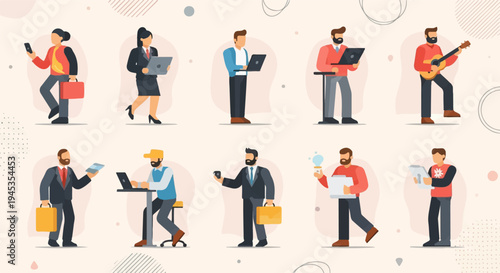 Diverse group of cartoon people engaged in various professional and leisure activities