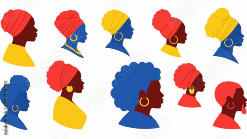 Diverse silhouettes of women with vibrant headwraps and earrings