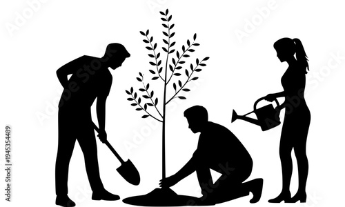  Black silhouette of three people planting and watering a tree together, symbolizing teamwork, environmental conservation, reforestation, and eco-friendly sustainability on a white background
