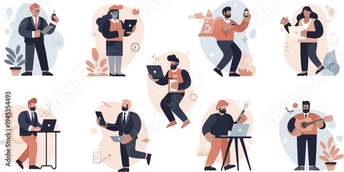 Diverse individuals engaged in various business and leisure activities using technology