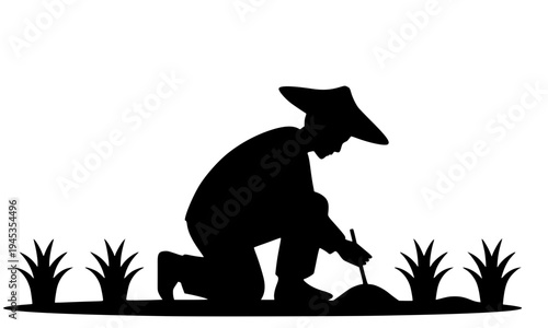 Black silhouette of a farmer wearing a traditional hat kneeling and working in a field with plants, representing agriculture, gardening, rural farming life, and nature on a white background