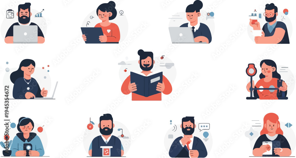 Fototapeta premium Diverse cartoon characters engaged in various activities and professions (1)