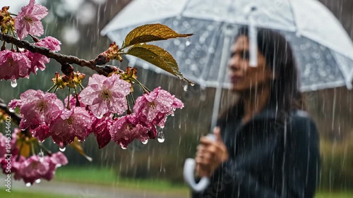 Thoughtful woman reflects clear umbrella during peaceful spring rain. Delicate pink cherry flower blossoms glisten with fresh raindrops