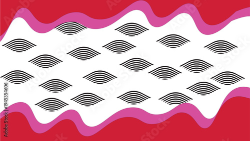 Abstract digital art vector with optical illusion eye shapes, black curved grid pattern, red pink wavy borders, and surreal perceptual design