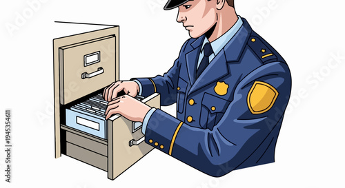 Law enforcement officer organizes files in a cabinet