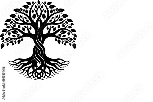 Intricate black silhouette of a tree with twisted trunk and spreading roots