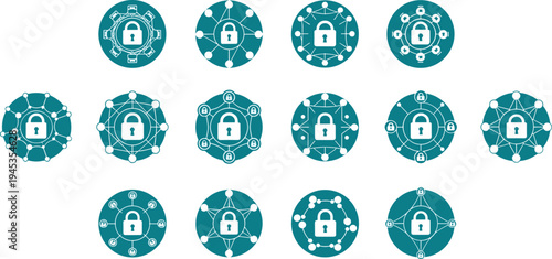 Cybersecurity Network Lock Icon Set Representing Data Protection, Secure Communication, and Network Security for Digital Technology and Encryption Concepts in Vector Style