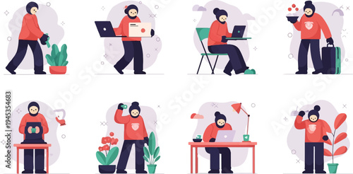 Digital illustrations of diverse human activities and work-from-home scenarios