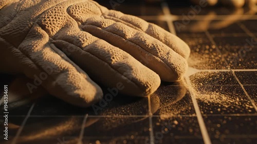 Sustainable energy work gloved hand cleans accumulated dust from solar panel. Essential maintenance optimizes performance for clean power generation