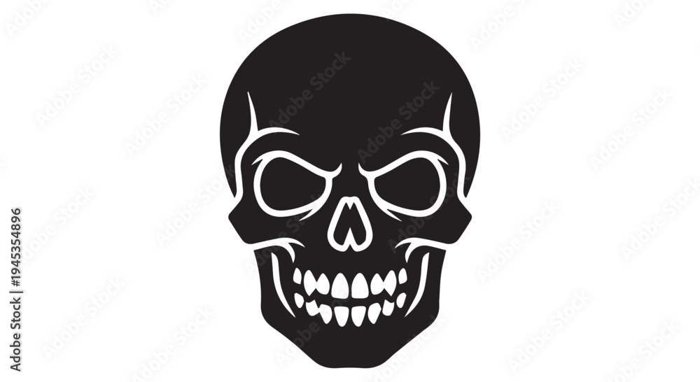 Obraz premium Stylized human skull in black and white, graphic illustration with bold lines and empty eye sockets.