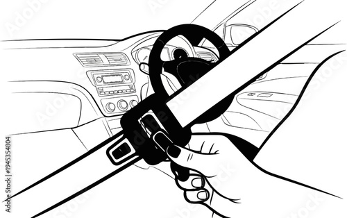Hand securing a car's seatbelt with dashboard and steering wheel