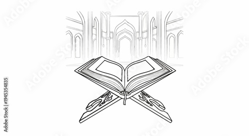 Open book on stand with ornate architectural background