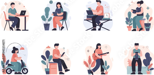 People engaged in various activities like working, riding, and playing music