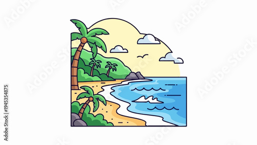 Idyllic tropical beach scene with palm trees, sandy shore, and ocean waves