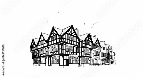 Sketch of historic Tudor-style buildings with multiple windows and gabled roofs
