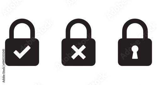 Three black padlock icons with different security symbols on a Transparent Background